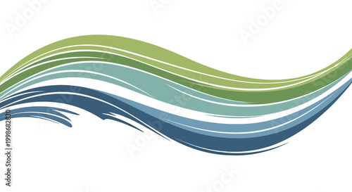 Abstract, flowing lines in green and blue sweep across a white background