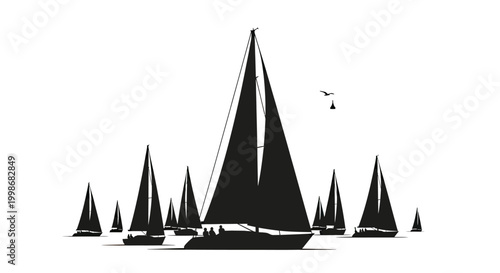A fleet of sailboats with a bird flying overhead on a clear day