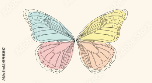 Delicate line-drawn butterfly wings in pastel blue, yellow, pink, and peach