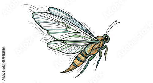 A colorful insect with translucent wings, outlined in black, flying with motion lines