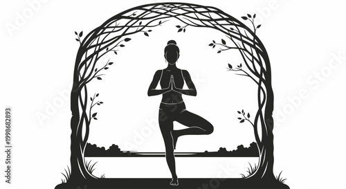 Silhouette of woman in yoga tree pose framed by stylized trees and landscape