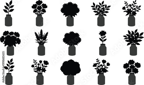 Flower arrangement jar silhouettes collection, decorative botanical bouquet foliage vector illustration, nature artwork design graphic - black and white flat vector illustration