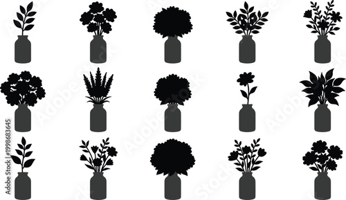 Flower arrangements in jars silhouettes collection, botanical foliage floral vector illustration, decorative plant artwork design graphic - black and white flat vector illustration