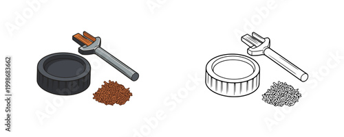 Magnesium fire starter tool illustrations in flat color and line styles with flint rod and tinder pile for camping and survival on white background