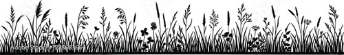 Grass and wildflower silhouette vector illustration set, meadow plant icons with blades, seed heads and floral motifs representing nature theme - flat vector illustration