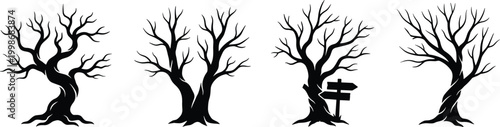 Leafless tree silhouettes with signpost collection, barren winter branching canopy vector illustration, botanical nature artwork design graphic - black and white flat vector illustration
