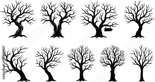 Leafless tree silhouettes with swing collection, barren winter branching canopy vector illustration, botanical nature artwork design graphic - black and white flat vector illustration