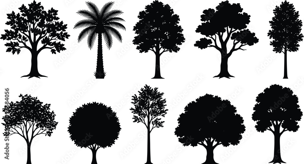 Fototapeta premium Tree silhouette flat vector illustration featuring ten diverse canopy and trunk shapes, botanical design art, landscape graphic, black-and-white drawingTree silhouette flat vector illustration