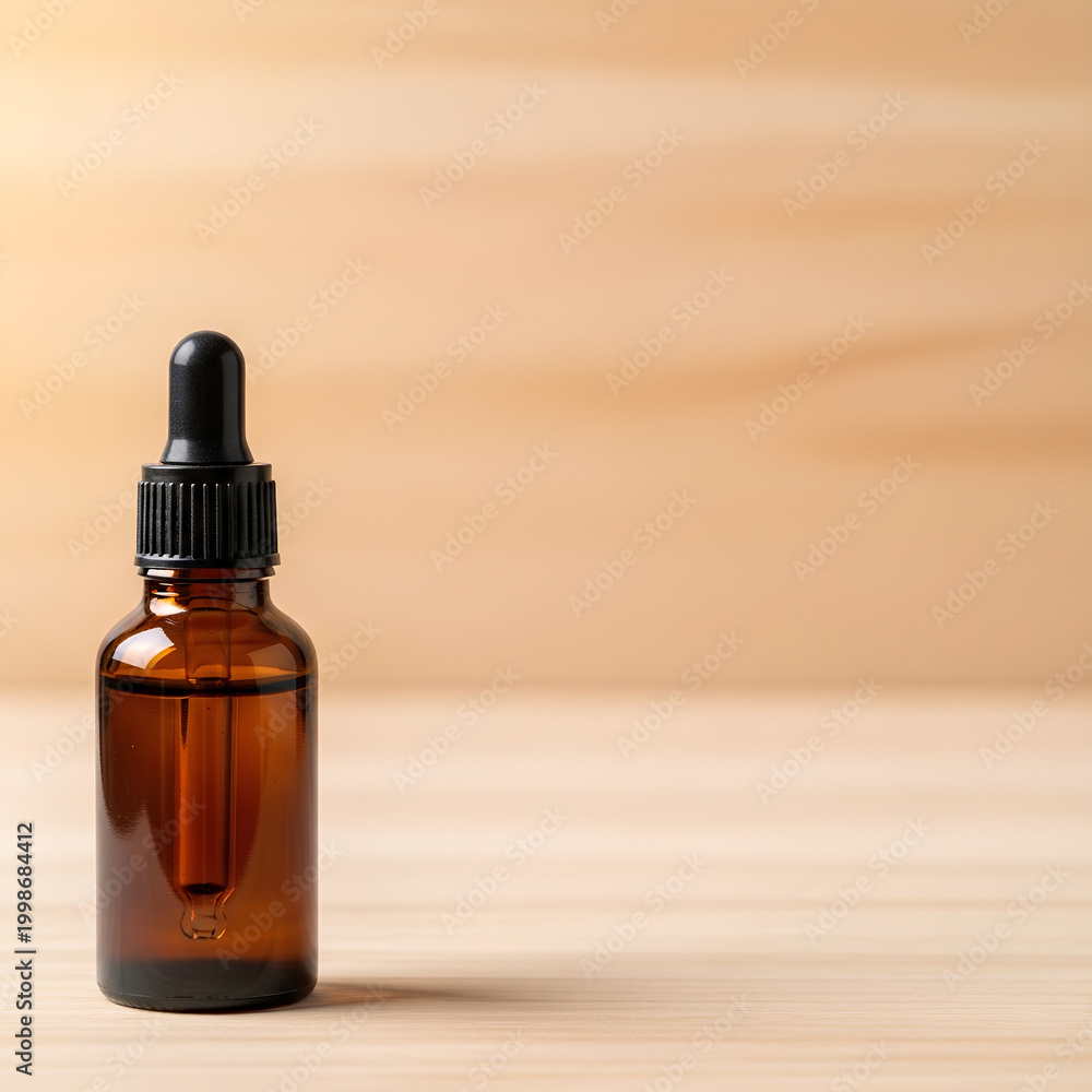 Naklejka premium Small amber glass dropper bottle with fermented fish sauce positioned on the left third of a pale wooden surface, large empty right side serving as negative space.