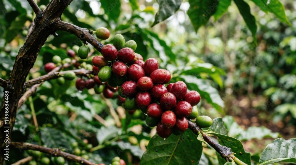 Obraz premium Coffee plant with ripe red coffee cherries growing on the branch.