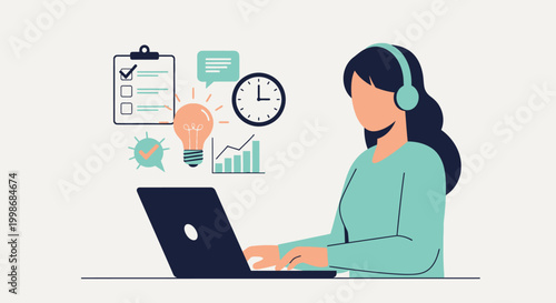Remote customer support representative working with headset and laptop.