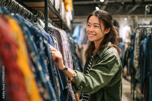 Shopping Experience: A cheerful shopper browses through a colorful array of clothes. The image conveys the pleasure of choosing new clothing and personal style.
