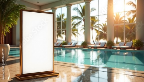 Blank vertical billboard with copy space inside luxury pool area at sunset