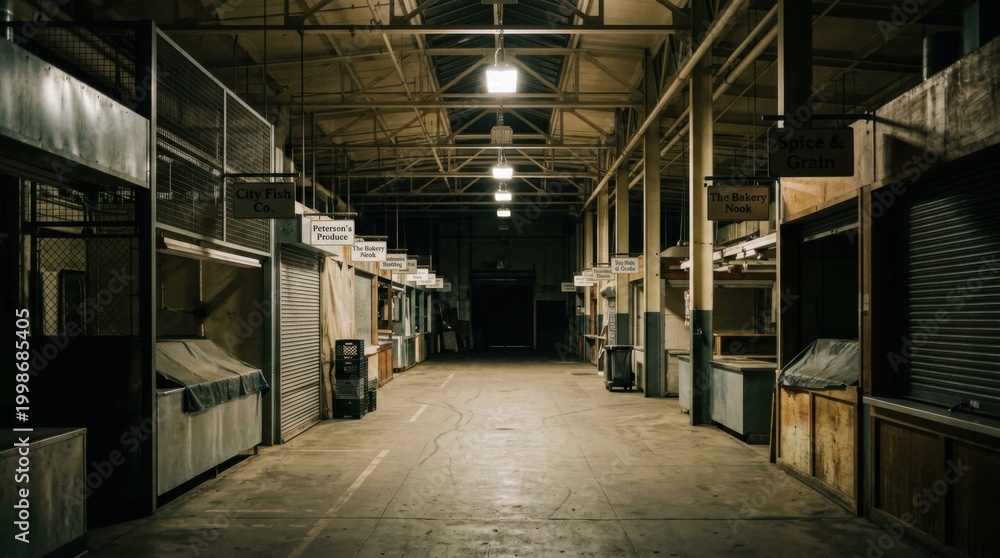 Obraz premium Empty Market Stalls Under Dim Lighting in a Dark Hallway.