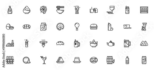 Food & Drink icon set. Vector illustration of Whisky, Pizza, Sushi, Coffee, Burger and more. Includes symbols for beverage, meal, restaurant and fast food.
