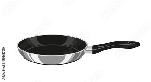 Empty non-stick frying pan with black handle on white background, kitchen cookware, cooking utensil, culinary tool