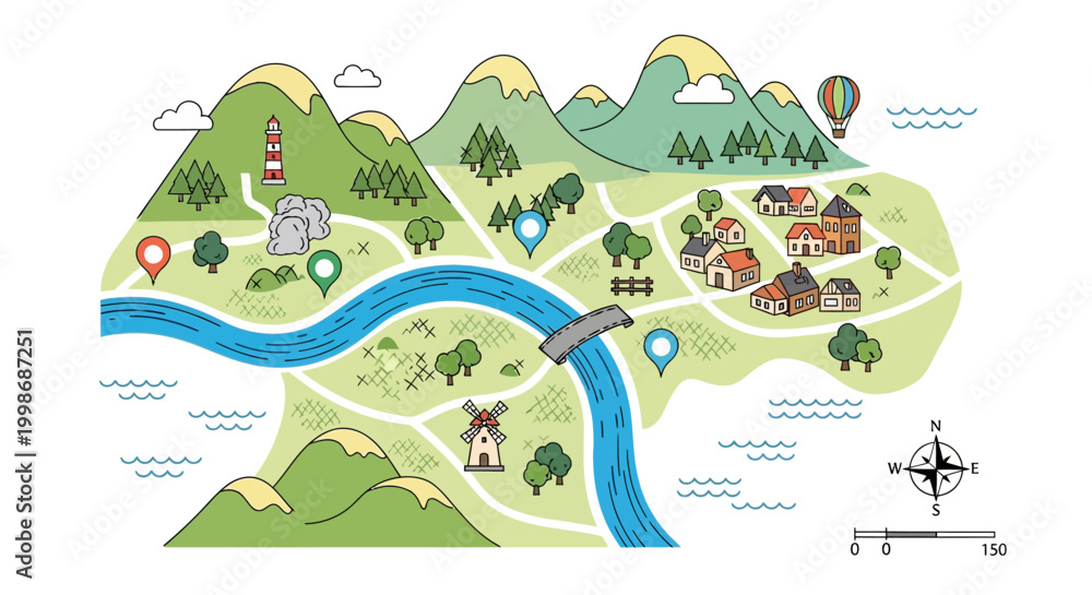 Naklejka premium Colorful illustrated map with river flowing through village and mountains, serene natural scenery for travel and tourism concept