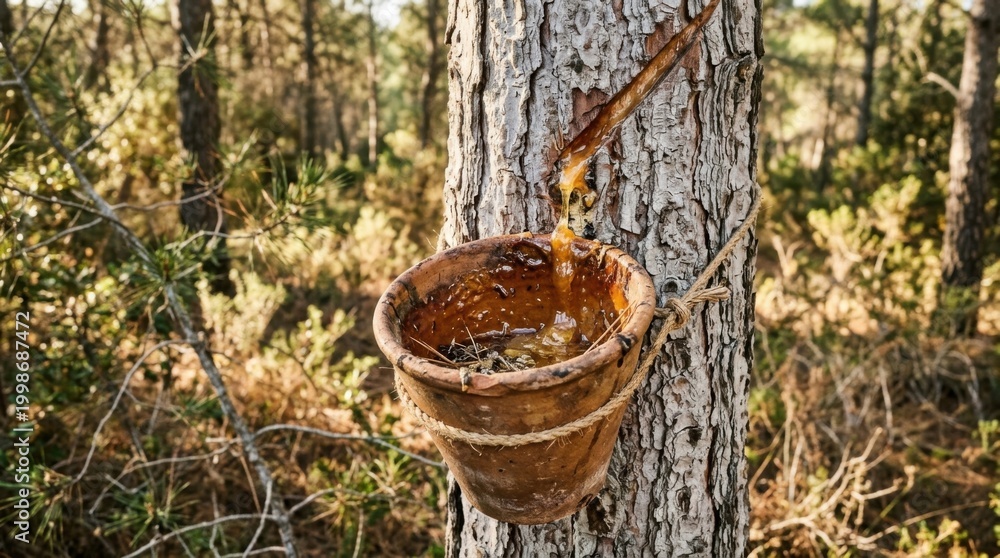 Fototapeta premium Resin Collection Bucket Hanging on a Pine Tree in Forest.