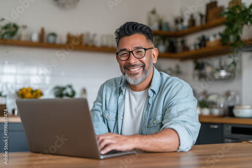 Modern Digital Lifestyle: An individual wearing eyeglasses smiles warmly while engaged with their laptop within the comfort of a home setting, personifying the blend of technology and modern living.