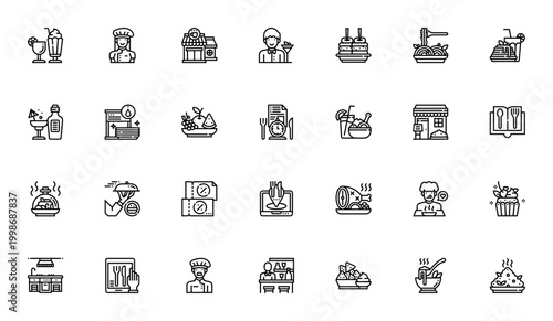 Restaurant icon set. Vector collection featuring chef, waiter, menu, cocktail, steak, kitchen, dining and more. Minimal line icons.