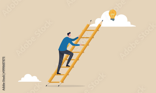 Photos Creative, inspiration imagination to create new innovative work, opportunity or wisdom concept, businessman creative guy climbing ladder built from pencil to upper cloud to find lightbulb idea
