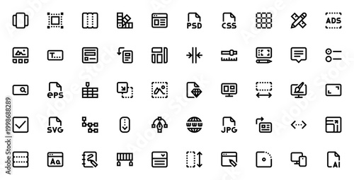 Web design icon set. Vector UI/UX elements collection. Includes symbols for wireframe, responsive layout, buttons, forms, carousel, grid, palette and more. Editable stroke.