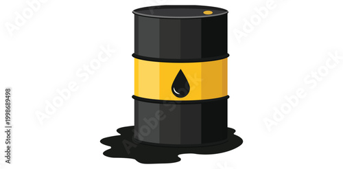 Black oil barrel with yellow label and leaking crude oil puddle representing petroleum industry, environmental pollution, fuel storage, energy production and global oil business concept
