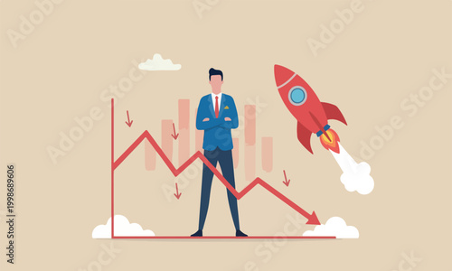Capital investment, decline, recession or economic slow down, stock market crisis concept, broke businessman investor on red decline graph and chart