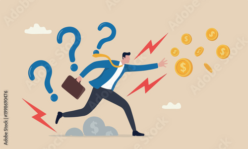 Financial risk, greed fear investment, making money, debt or loss problem, chasing investment return, danger or crisis, businessman risk himself chasing money to grab flying dollar gold coin