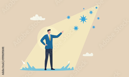 Best success for,bigger staff or discover high performance employee, leadership, hiring or recruitment concept, confidence businessman superhero with spotlight shining