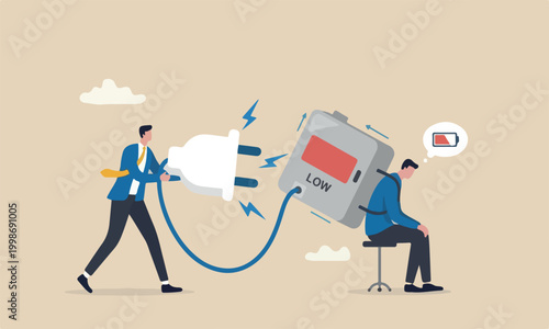 Recharge energy employee, refresh from overworked or burn out concept, businessman manager holding huge electric plug to recharge low battery exhausted businessman worker