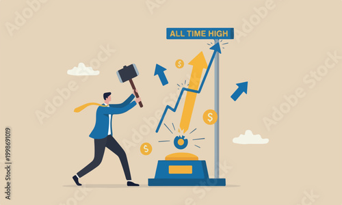 Investment asset price, market rising, stock, crypto currency or gold price rally concept, businessman investor with hammer hit hard on strength tester to reach it top new high graph.