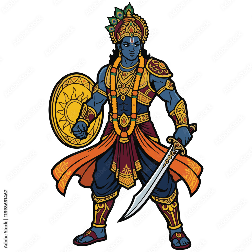 Fototapeta premium Illustration of Lord Krishna as a warrior, holding a sword and shield, adorned in traditional Indian attire and jewelry, with a divine aura