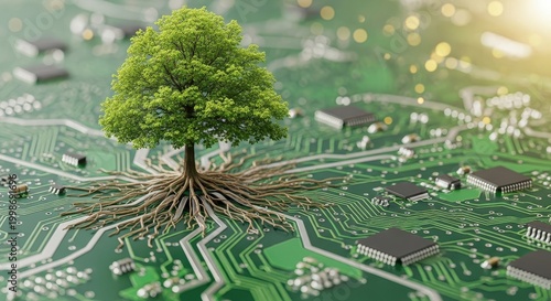 Green Tree Growing on Computer Circuit Board, Technology Concept.