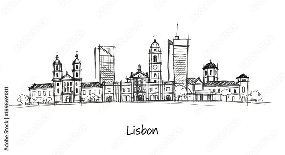 Fototapeta premium Minimalist Line Drawing of Lisbon's Skyline Featuring Historic and Modern Architecture