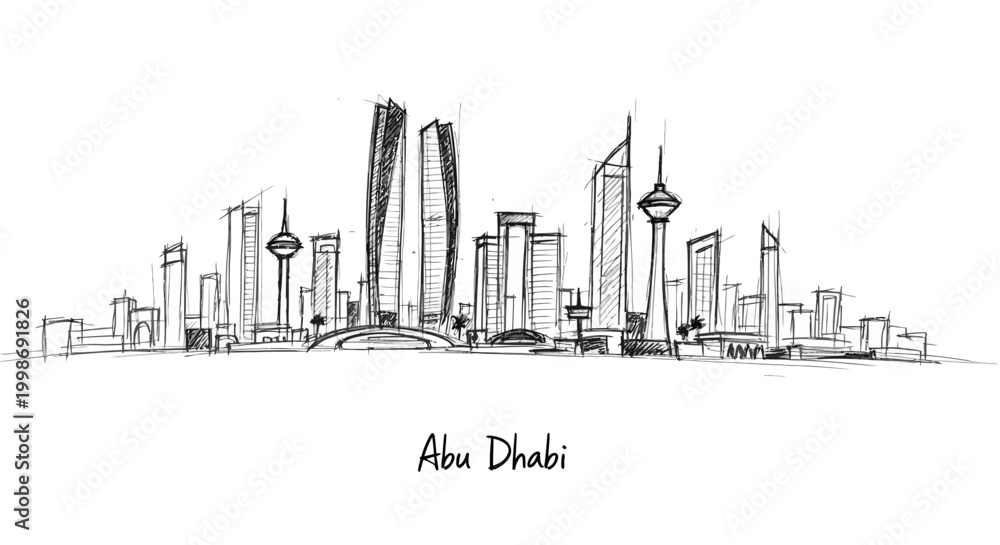 Obraz premium Elegant pen sketch of the Abu Dhabi skyline showcasing iconic skyscrapers and architectural features in a minimalist art style