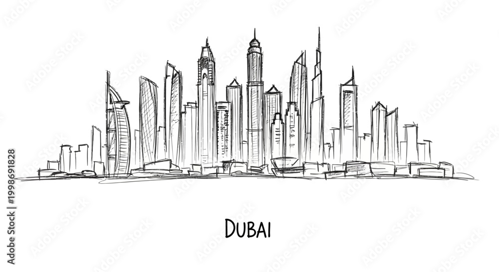 Fototapeta premium Minimalist sketch of Dubai skyline featuring iconic skyscrapers and cityscape silhouette with artistic line art style