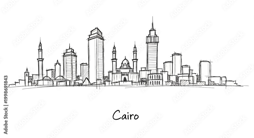 Fototapeta premium Elegant minimalist line drawing of the Cairo city skyline showcasing iconic skyscrapers and historic structures