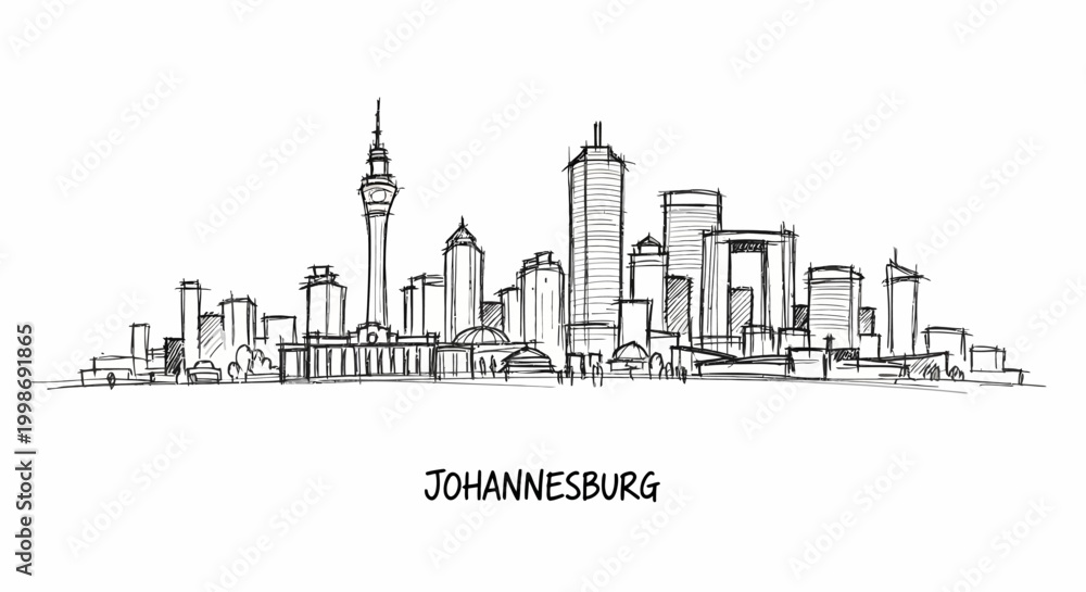 Obraz premium Minimalist Line Sketch of Johannesburg Skyline Featuring Tall Buildings and Iconic Tower