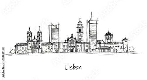 Minimalist Line Drawing of Lisbon's Skyline Featuring Historic and Modern Architecture
