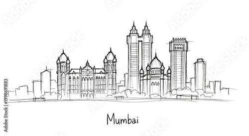 Minimalist Ink Sketch of Mumbai's Iconic Skyline Featuring Skyscrapers and Heritage Structures in Black and White