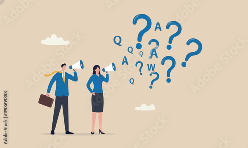 FAQ, answers get meeting teams solution any problems concept, smart businessman and businesswoman blow flying bubbles with Q and A, question mark sign