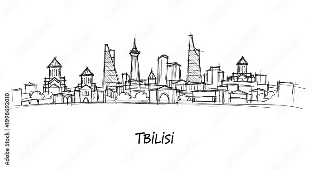 Fototapeta premium Sketched panoramic view of Tbilisi city skyline featuring historic and modern architecture in minimal line art style