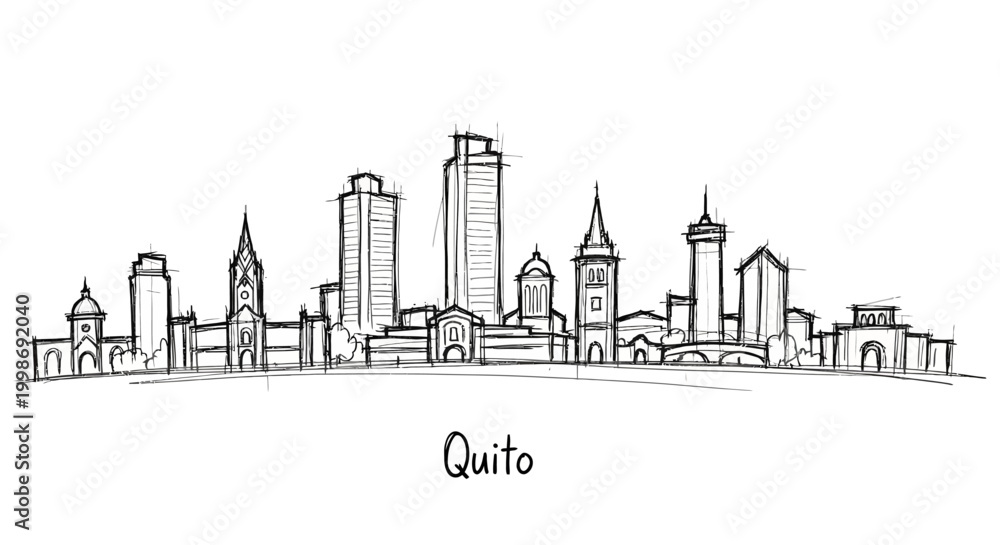 Obraz premium Stylized black and white urban city skyline sketch highlighting diverse architectural structures of quito with minimal artistic