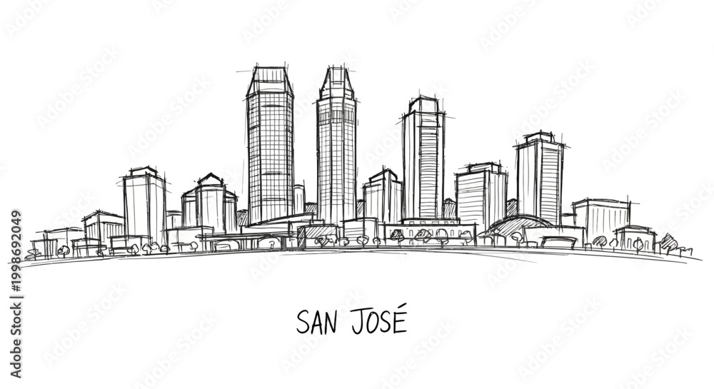 Fototapeta premium Artistic hand-drawn city skyline illustration of San Jos? featuring skyscrapers and urban landscape design