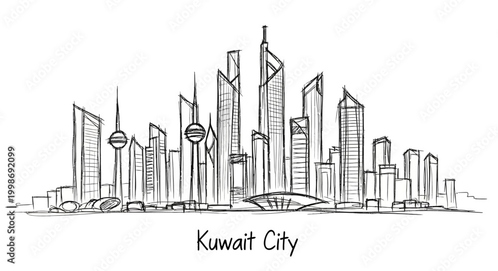 Fototapeta premium Minimalist Line Drawing of Kuwait City Skyline with Tall Modern Skyscrapers and Iconic Structures