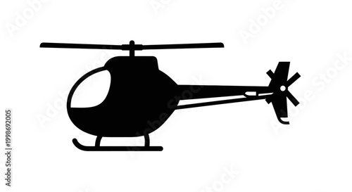 Black helicopter silhouette icon isolated on white background. Simple rotorcraft symbol for air transport, aviation, and flying vehicle concepts.