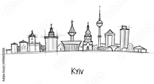 Minimalist Sketch of Kyiv City Skyline Featuring Iconic Architectural Landmarks and Modern Structures