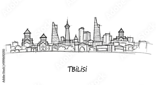 Sketched panoramic view of Tbilisi city skyline featuring historic and modern architecture in minimal line art style
