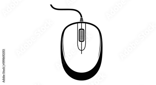 Wired computer mouse icon illustration, PC peripheral input device with scroll wheel, digital technology accessory, graphic element